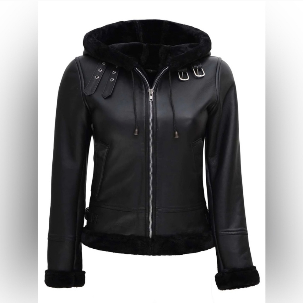 Grace Faux Shearling Black Real Leather Hooded Jacket